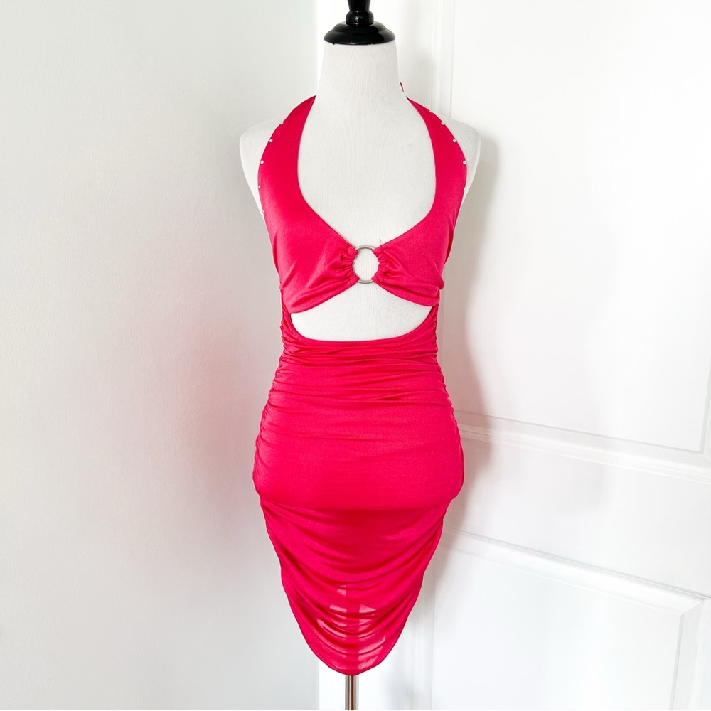 I.AM.GIA Hot Pink Mini Dress with Silver Ring and Pearl Trim -XS - Picture 2 of 5